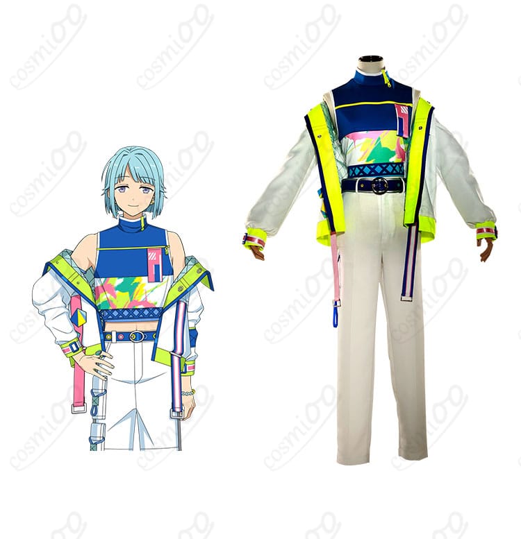 商品正面とキャラクターの組み合わせ画像。あんさんぶるスターズ!! 紫之創、春川宙、真白友也、朱桜司のコスプレ衣装を正面から見た様子。
