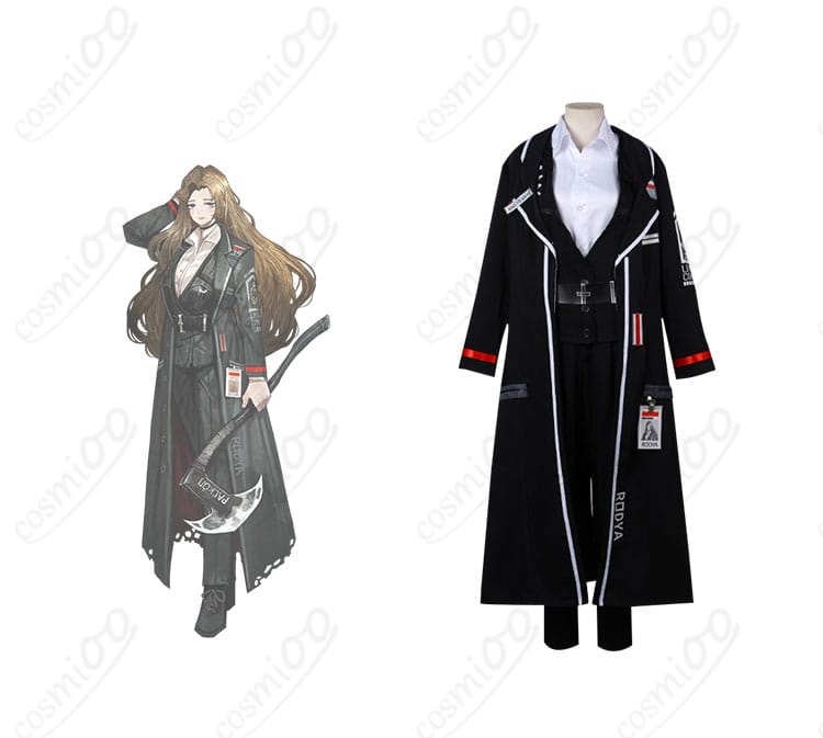 Limbus Company ロージャのコスプレ衣装の正面とキャラクターを組み合わせた画像。リアルなデザインが忠実に再現されています。