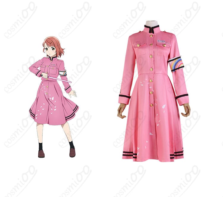 ラブライブ！虹ヶ咲学園の中須かすみのコスプレ衣装正面とキャラクターの組み合わせ写真。高い再現度で魅力的なデザイン。