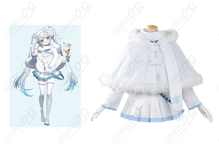 雪ミク コスプレ衣装 2024 × 三越コラボ 雪ミクキャラクターとのコラボイメージ。高還元で再現された衣装。コスプレ衣装通販で購入。