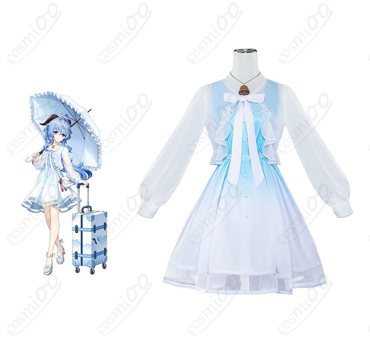 甘雨（カンウ）のコスプレ衣装を着たモデルとキャラクターが一緒に映った画像。コスプレ衣装の精緻なディテールが見どころです。