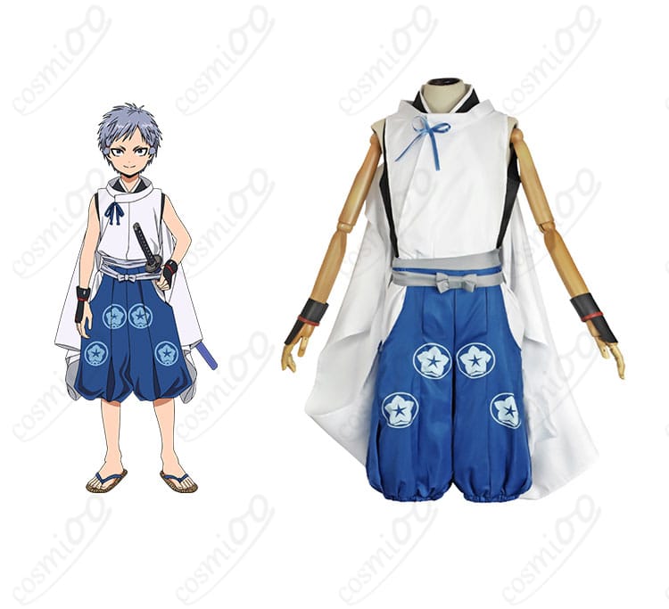 商品正面とキャラクター弧次郎のコスプレ衣装画像 - 高再現度のコスプレ衣装、弧次郎の魅力を引き立てる！