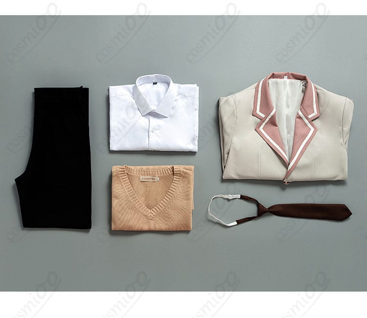 コスプレ衣装のセット内容を展示した画像。コート、シャツ、ベスト、ズボン、ネクタイが一目で分かる。