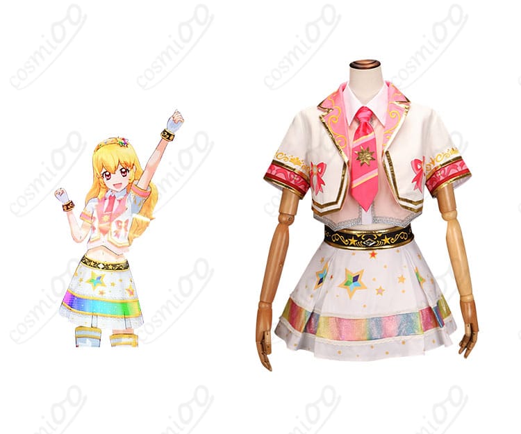 商品正面とキャラクター星宮いちごのコスプレ衣装の組み合わせ図。アイカツオンパレード！ 星宮いちご コスプレ衣装を着た人物の画像。