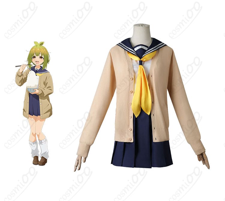商品正面とキャラクター『馬車芽めめ』のコスプレ衣装。忠実再現、高忠実度で着心地抜群。コスプレ衣装詳細。