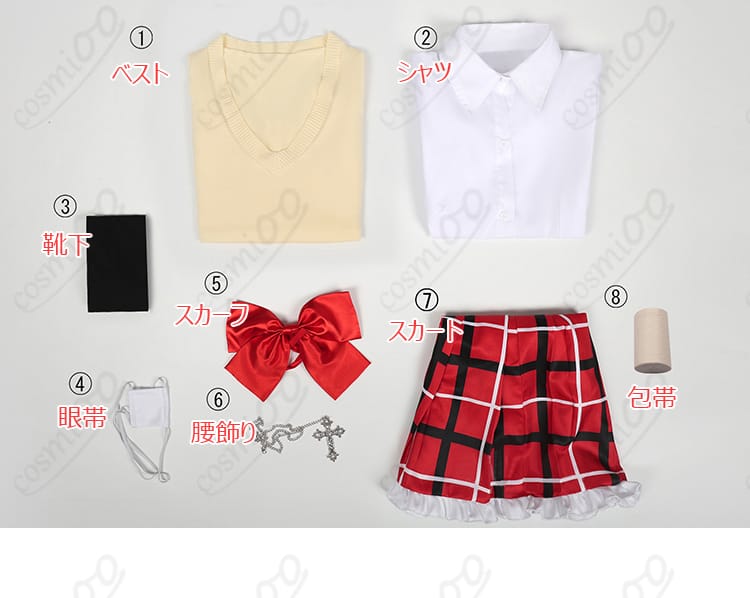 小鳥遊六花の夏服コスプレ衣装のセット内容を表示した画像。セットに含まれるアイテムが一目でわかる。