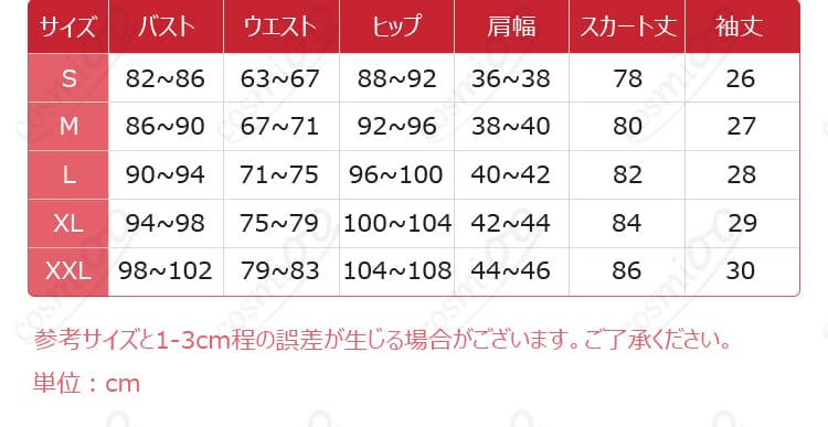 サイズと寸法対応データの表示、ジュビア・ロクサーコスプレ衣装のサイズ情報、詳細なサイズガイド