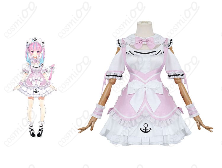 ホロライブ湊あくあのピンクメイドコスプレ衣装の正面とキャラクターの組み合わせ画像