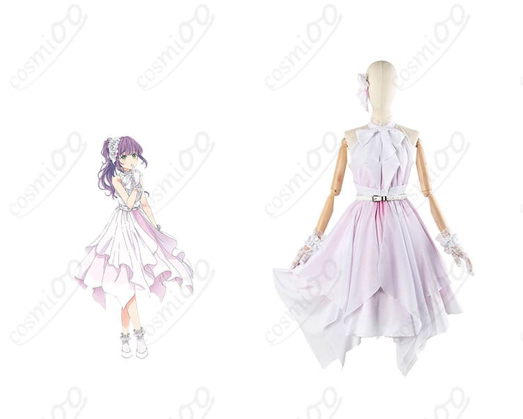商品正面とキャラクターのイメージが合成されたコスプレ衣装の全体像。日野下花帆と乙宗梢の「Link to the FUTURE」コスプレ。