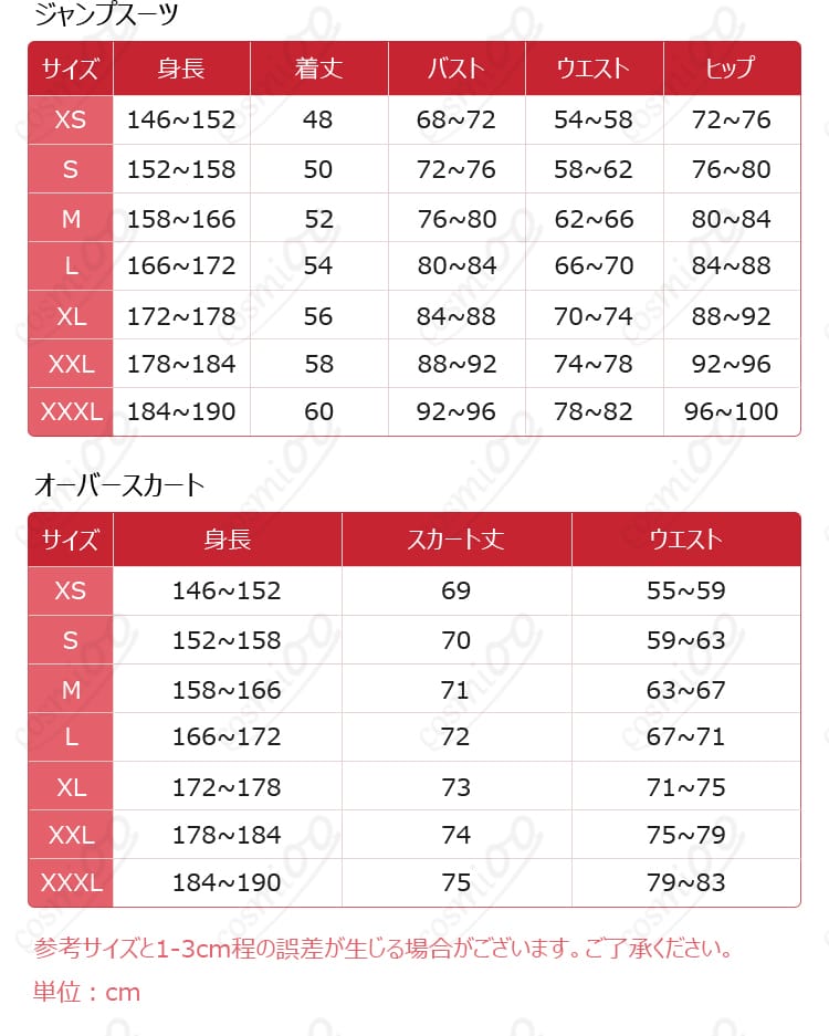 コスプレ衣装のサイズと寸法対応表