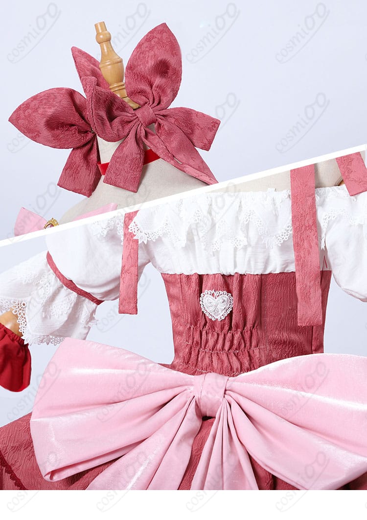 髪飾りとドレス背面の蝶結びの装飾細部。細部まで完璧に再現されたキャラクターアイテム。