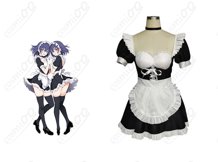 メイド楓と鈴 コスプレ衣装 星月楓・星月鈴 メイド服 正面図。キャラクターと衣装のディテールがしっかり再現されており、コスプレイベントにぴったり！
