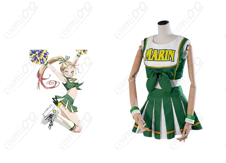 商品正面とキャラクターの融合画像 - 喜多川海夢のチアガールコスプレ衣装。アニメ「その着せ替え人形は恋をする」のキャラクターとリアルに再現された衣装の組み合わせ。コスプレ通販でゲット！