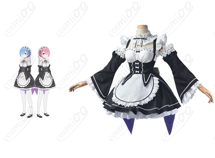 Re:ゼロ レム・ラム コスプレ衣装 メイド服 正面とキャラクター人物合わせた図 - 忠実再現の高品質コスプレ衣装