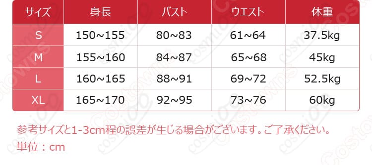 Fate/Grand Order アンキ・エレシュキガル コスプレ衣装 サイズガイド画像。各サイズに対応する寸法とフィット感を確認できます。