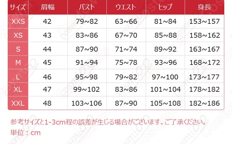 サイズと寸法の対応を示した画像。コスプレ衣装の各サイズと対応する寸法が記載された画像。