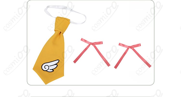 木之本桜 コスプレ衣装 髪飾りとネクタイのディテール - 完璧に再現されたキャラクターのアクセサリー。