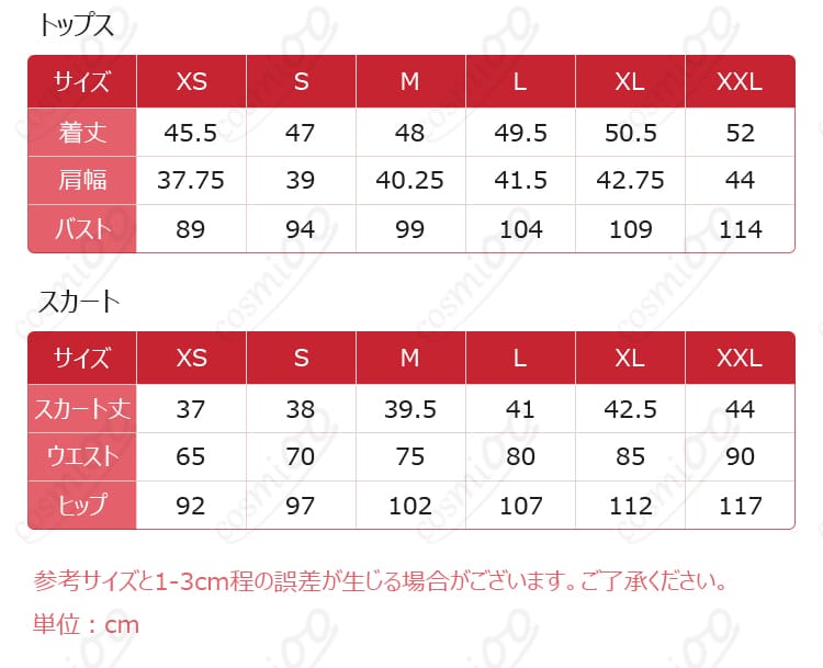 サイズと寸法の対応を示す画像。衣装のサイズ表と対応するサイズデータ。