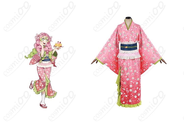 商品正面とキャラクターの組み合わせ、甘露寺蜜璃のコスプレ衣装。忠実再現のデザインとディテールに注目！コスプレ衣装。