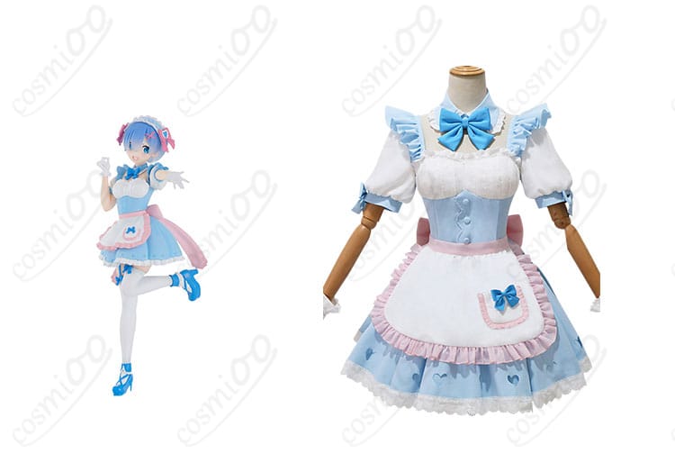商品正面とレム（Rem）キャラクターのコスプレ衣装を組み合わせた画像。夢かわメイド衣装の詳細。